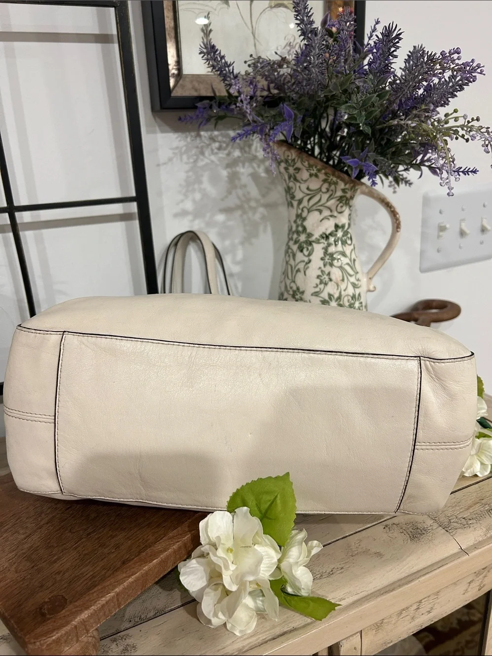 Coach Cream Leather Shoulder Tote with Yellow Accents